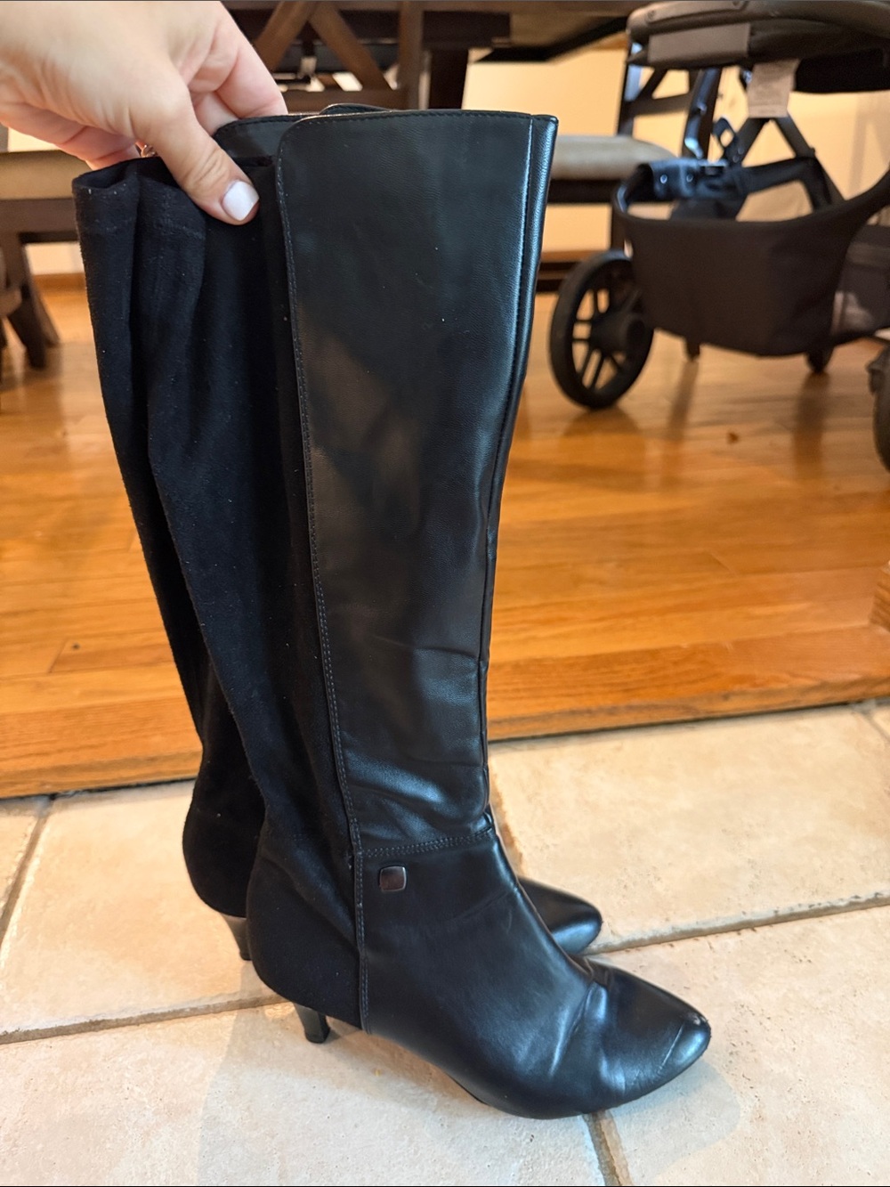Alfani Black Leather and Suede Knee-High Heeled Boots - Picture 3 of 6